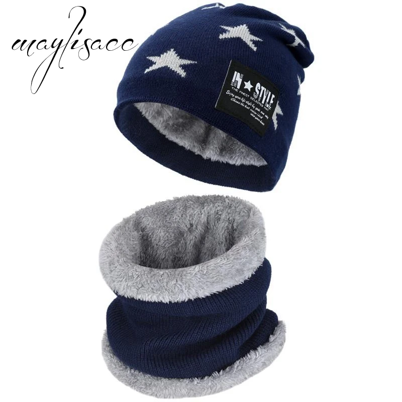 Dark Blue Maylisacc Дети зима теплая вязаная шапка Кепки с шарфами утолщенной шерсти для от 6 до 10 лет мальчиков ветрозащитный Спорт на открытом воздухе - Цвет: Dark Blue