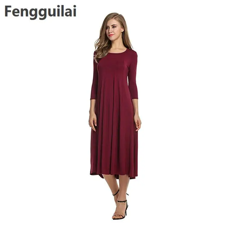 Женское свободное платье с круглым вырезом однотонное облегающее большого