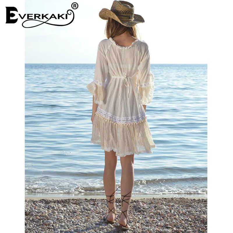 Everkaki белое кружевное женское платье с расклешенными рукавами Boho короткое