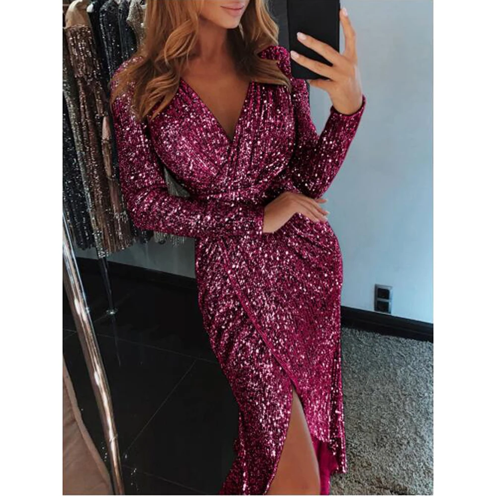 Женское сексуальное платье vestido женское блестящий длинный рукав с v-образным