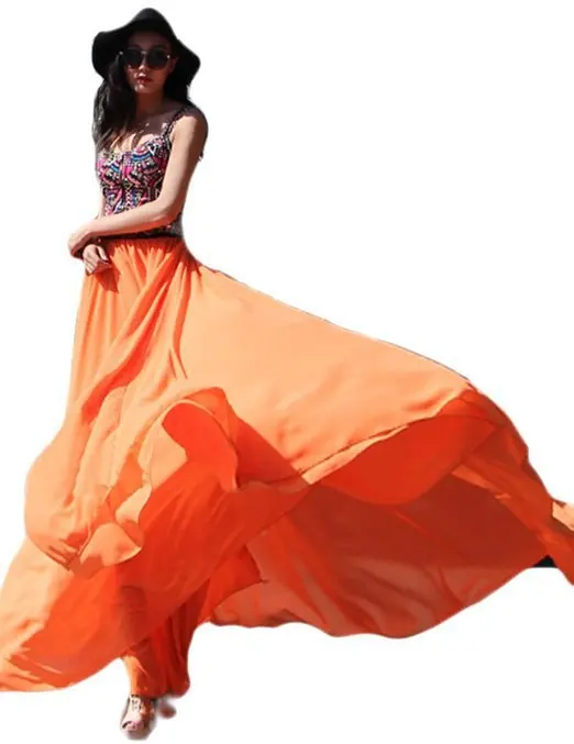 22015 casual chiffion shinning plain black solid orange color girl long skirts summer style oversize Vestido de verano|skirt clothing|skirt