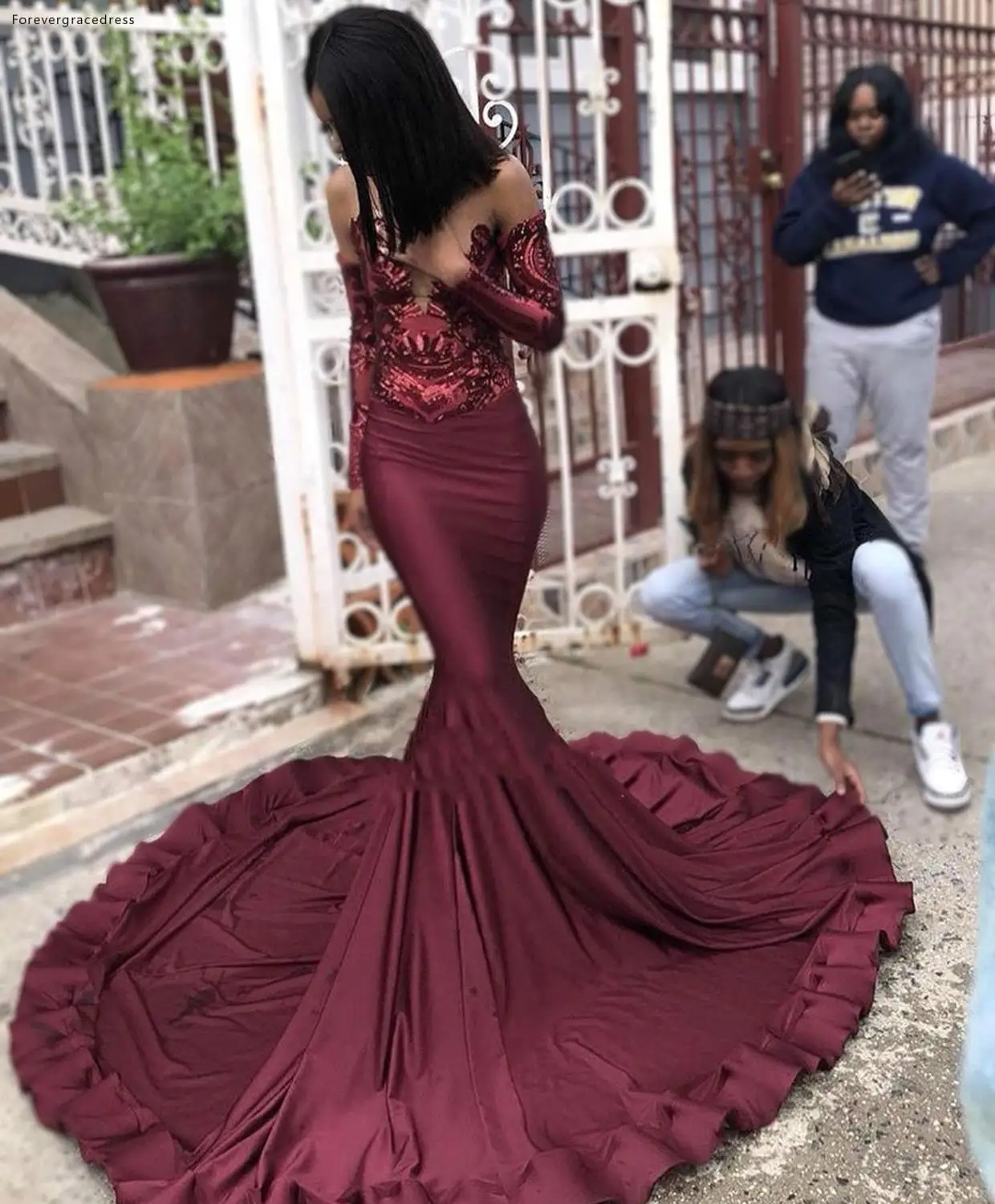 

Mermaid Burgundy Prom Dresses 2019 African Black Girls Long Sleeves Pageant Holidays Graduation Wear Formal Evening Party Gowns