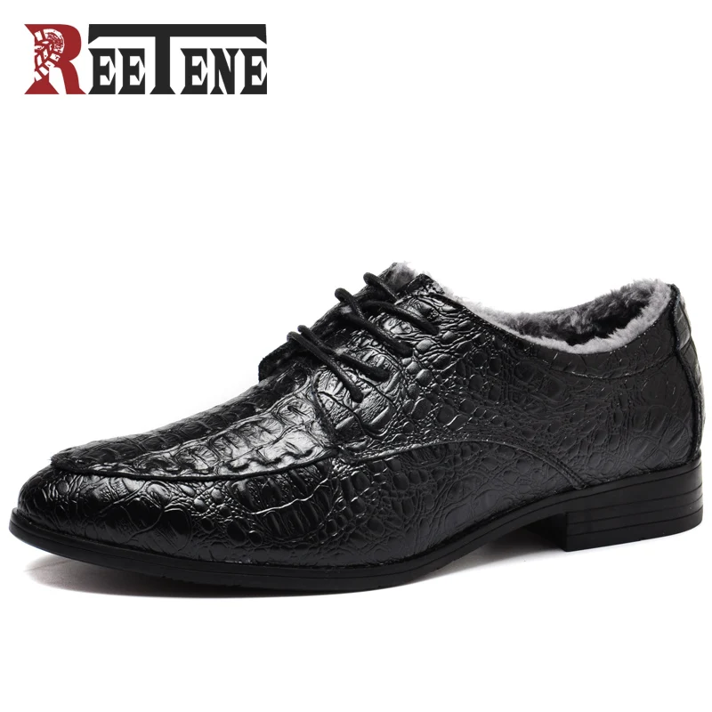 Мужские плюшевые туфли Reetene теплые зимние ботинки из натуральной кожи на плоской