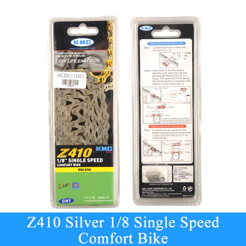 Silver KMC велосипедные цепи Z410 1/8 односкоростная фиксированная зубчатая цепь для дорожного велосипеда 112 звенья 1/"* 1/8" многоцветная велосипедная цепь 390 г - Цвет: Silver