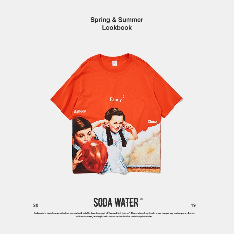 Футболка из хлопка для улицы SODAWATER, желтая футболка с рисунком воздушного шара, футболка в стиле Харадзюку, футболка свободного размера