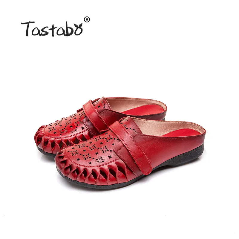 Red Tastabo/уличные тапочки с отверстиями; обувь из натуральной кожи; шлепанцы ручной работы; повседневные удобные простые шлепанцы на низком каблуке; износостойкие - Цвет: Red