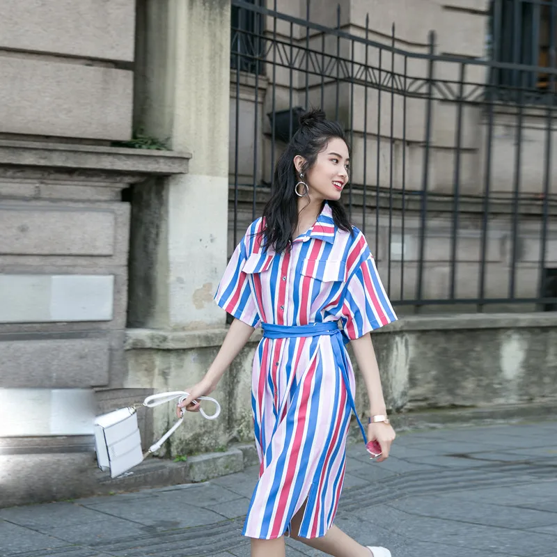 Тренд сеттер Лето 2017 г. повседневный наряд в полоску для женщин Слэш шеи рубашка