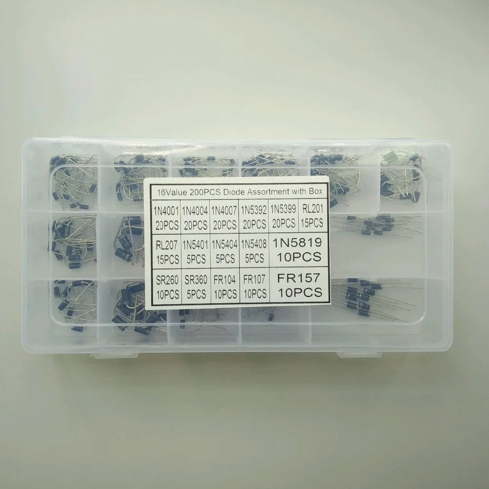

16 значений 200 шт. 1N4001 ~ FR157 1N5404 1N5408 1N5819 SR260 SR360 FR104 FR107 набор мостовых Выпрямителей диодов в ассортименте