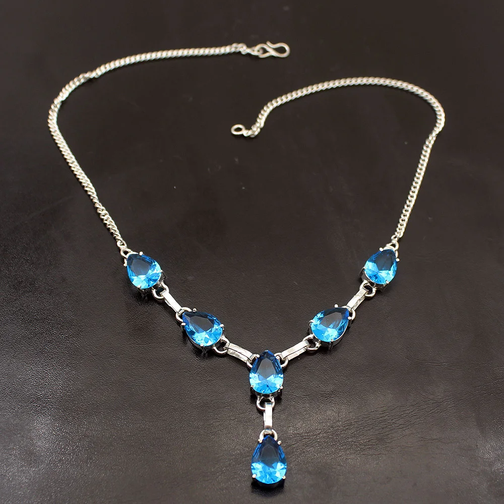

Elegant Cute Shiny Ocean Blue Topaz925 Sterling Silver Color Pendant Necklace Women Jewelry 18 Inch TF894