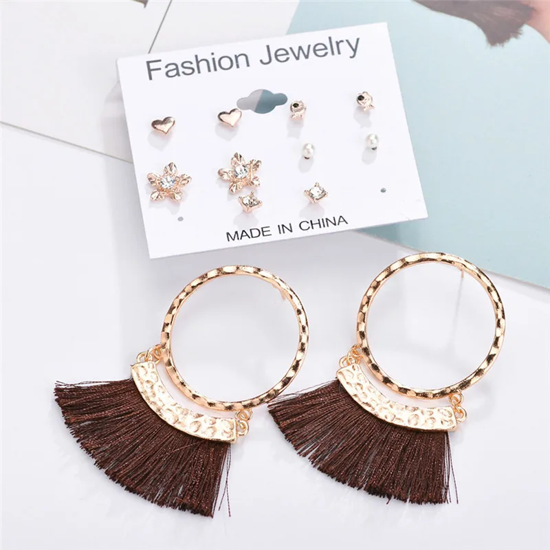 New Bohemian Tassel Earrings Set For Women Jewelry Triangles Round Rhinestone Stud Ear Boucle D'oreille | Украшения и