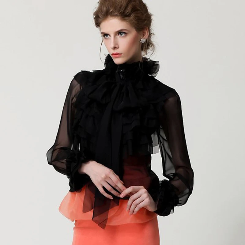 Женская шифоновая блузка модельная рубашка с оборками длинным рукавом каскадом