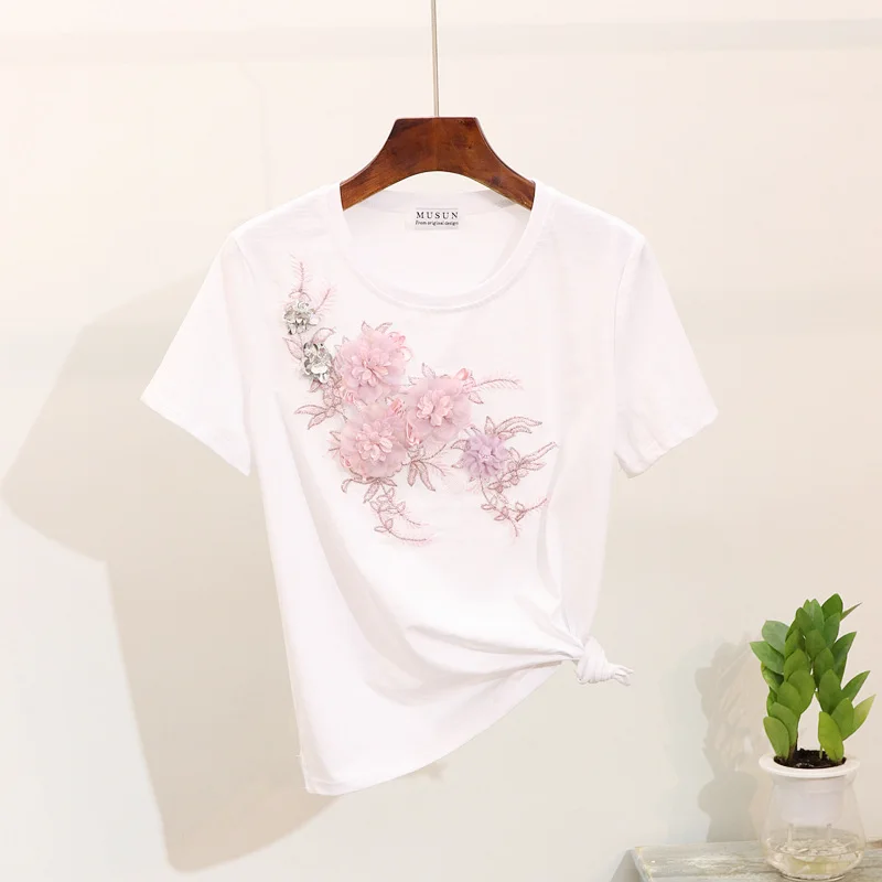 white tshirt ALPHALMODA Vogue модные 3D футболки с цветочным узором рваные джинсы для женщин Стильный комплект одежды с тяжелой вышивкой отдельно - Цвет: white tshirt