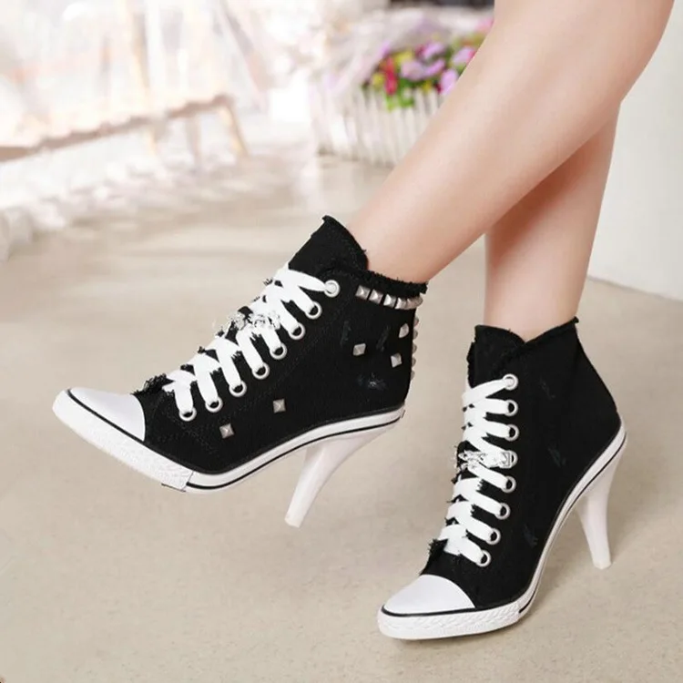 Women Canvas Shoes Denim High Heels black Rivets Shoes Fashion Shoe Laces Sneakers Women Short Boots