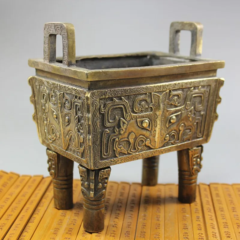 

copper tripod copper tripod tripod censer flourishing square antique handicrafts heyday incense incense furnace stripes