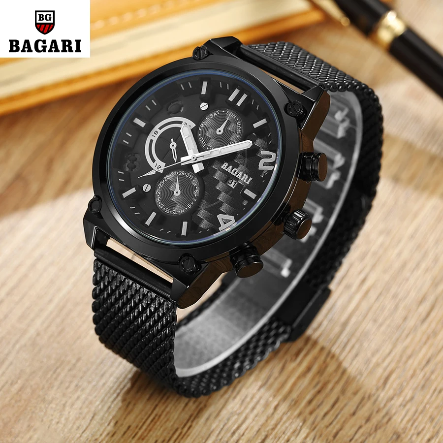 

BAGARI 2018 New Watch Men Top Brand Luxury Stainless Steel Wrist Watches For Men Male Clock Quartz Wristwatch Relogio Masculino