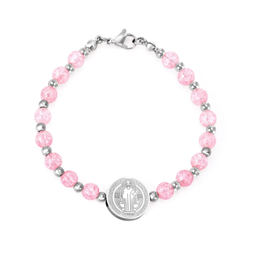 LUXUSTEEL baby bangle bracelet Pink Crystal Beaded Bracelets Stainless Steel Round Jesu Pendants Women Accessories Party | Украшения и
