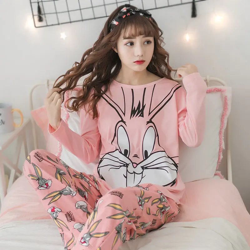2019 Pajama sets women long sleeved sleepwear autumn Thin Sweet cartoon Suit cute Pyjamas family clothes | Женская одежда