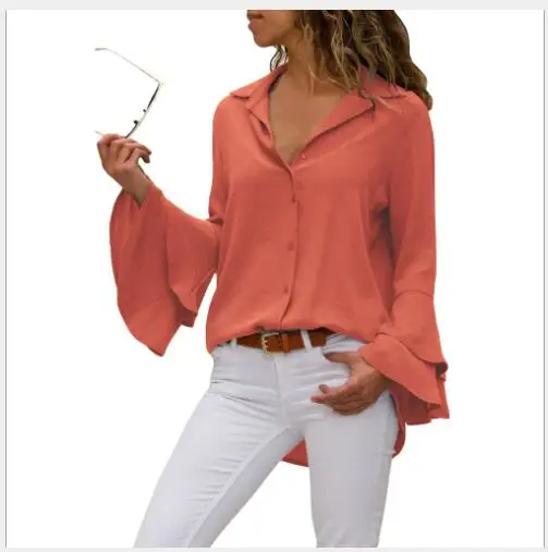 Women Blouses 2018 New Autumn Slim Fit Solid Single-Breasted Lady Fashion Casual Turn Down Collar Butterfly Sleeve Shirt |