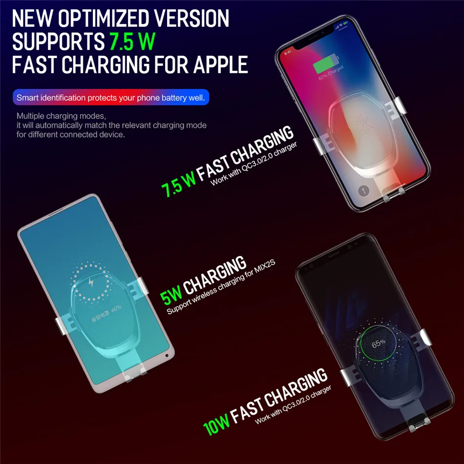 ROCK Metal Qi зарядное устройство автомобиля Беспроводной Зарядное устройство для iPhone X XS XR 9 8 samsung Galaxy S9 S8 Note 9 8 быстрой зарядки 10 Вт 7,5 Вт автомобильный подвесной держатель