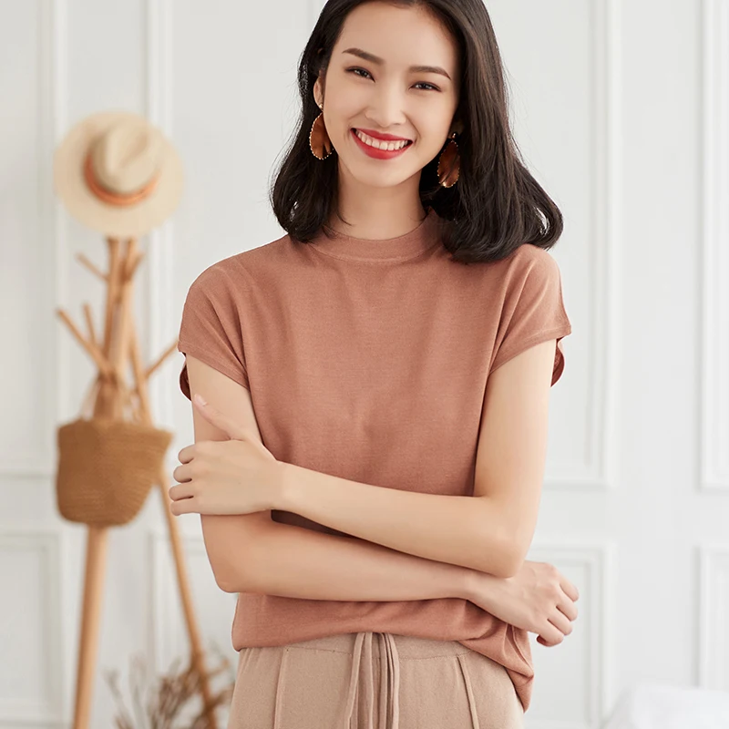 

Spring and summer new women's short-sleeved cashmere sweater soft loose solid color wool knit pullover O-neck sweater