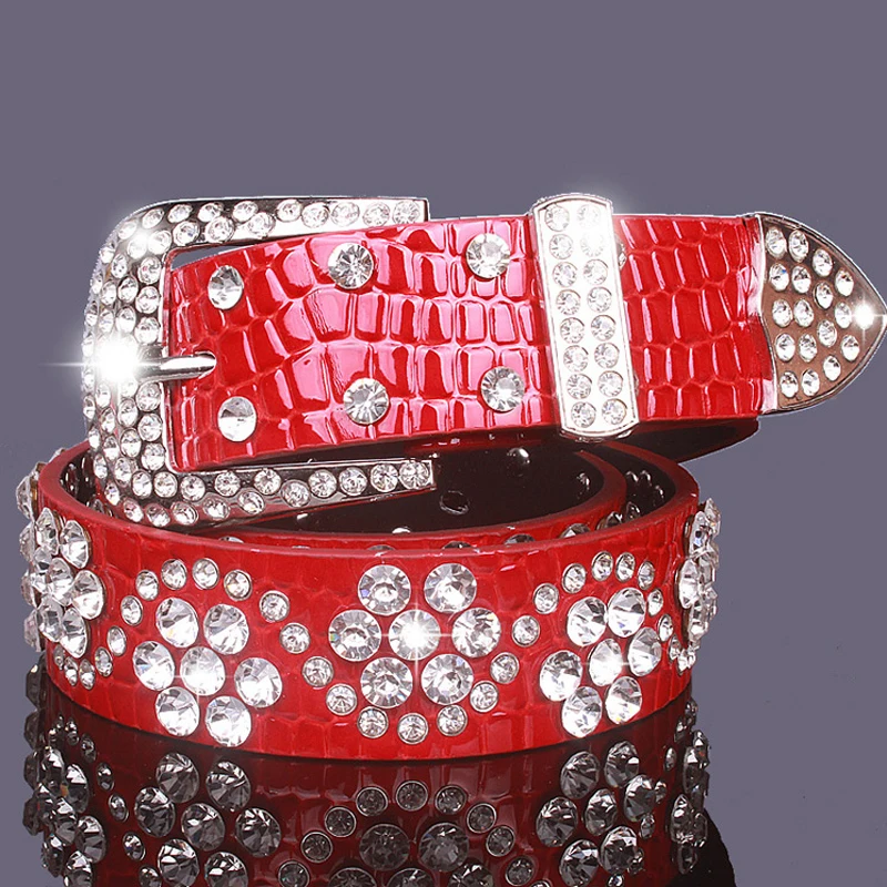 Женский кожаный ремень со стразами с пряжкой красный черный|designer leather belt|fashion