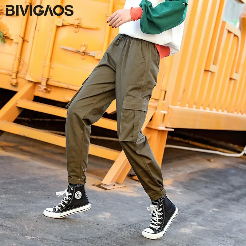 MAGIC TAPE Green BIVIGAOS новая Мода и досуг спортивная одежда в стиле Харадзюку женские брюки-карго осенние корейские модные широкие брючины свободные Повседневное брюки шнурок лента-липучка Липучка Комбинезоны - Цвет: MAGIC TAPE Green