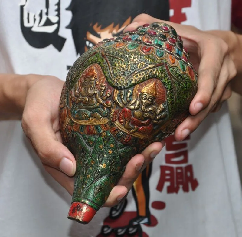

wedding decoration 8"Old Tibet Bronze Painting Gem Elephant Buddha Ganesha Conch Shell Trumpet Horn
