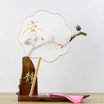 Peach blossom Круговой вентилятор Hanfu старинная вышивка Кран Хан Вентилятор Вышивка кисточка длинная ручка Су вышивка круговой вентилятор - Цвет: Peach blossom