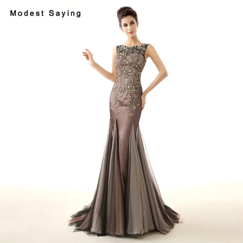 Роскошные коричневые вечерние платья-русалки с бусинами 2017 разразы официальные