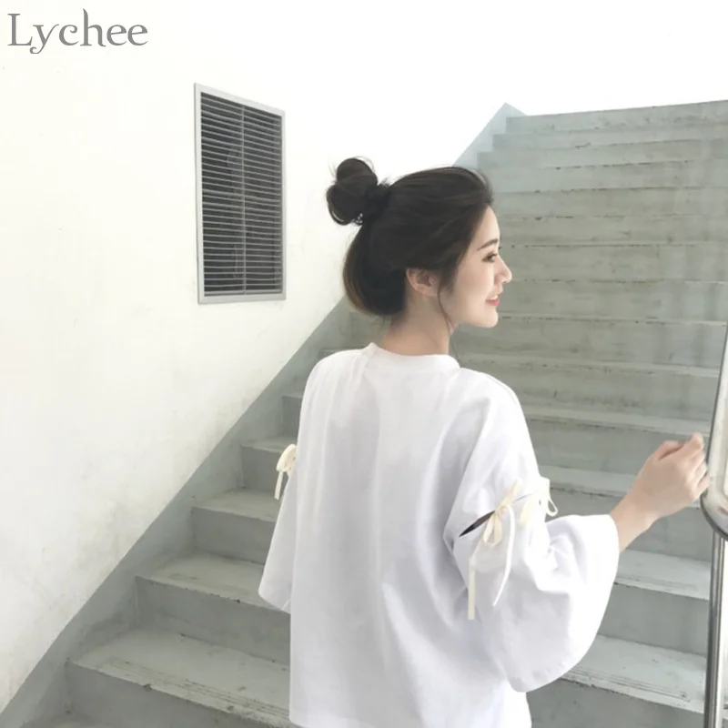 Милая Летняя женская футболка Lychee кружевная с бантом Повседневная Свободная
