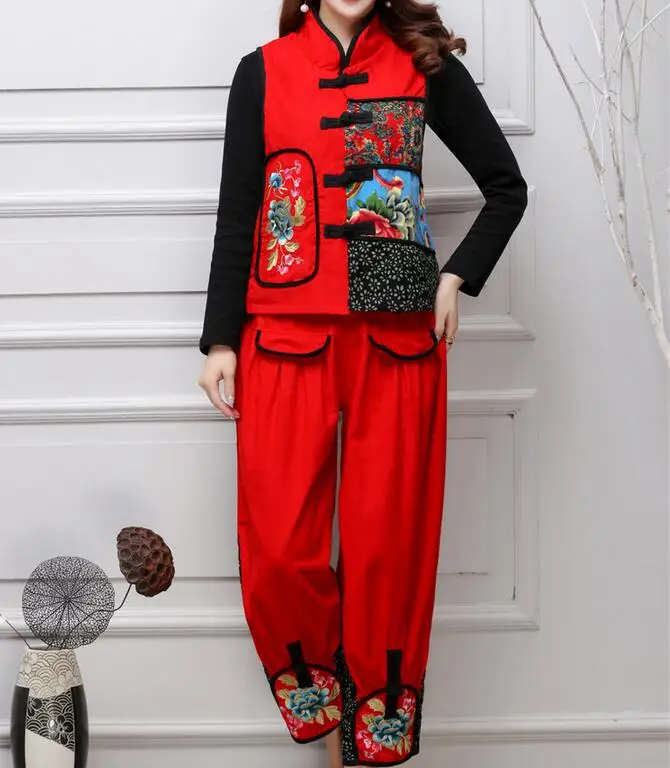 

XL-3XL Hot / Spring Women New Long Embroidery Flower Horse Collar Stitching Tank Top Big Yards Outfit Suits