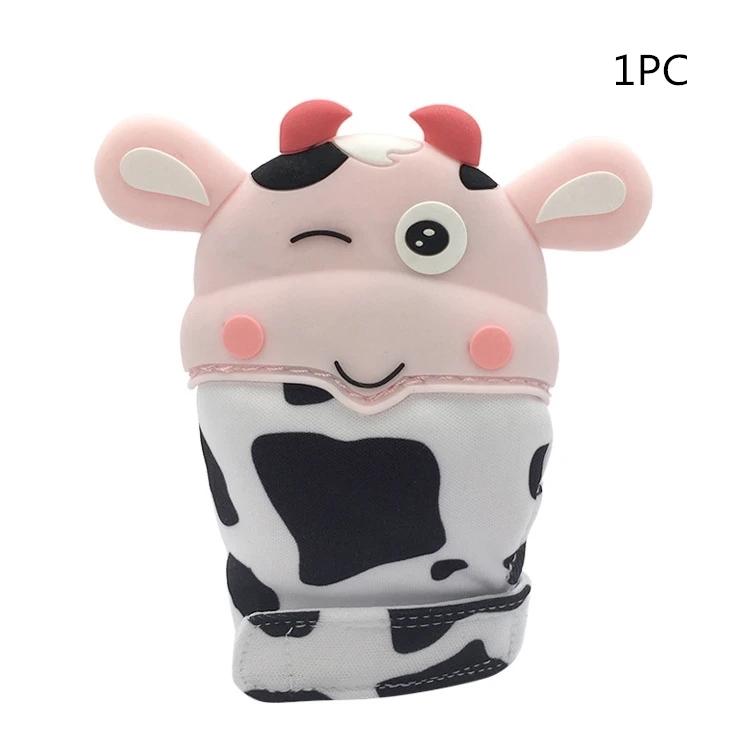 pink cow Bpa бесплатные силиконовые перчатки-прорезыватели для зубов, детские перчатки-прорезыватели, безопасные перчатки-пустышки для зубов, для малышей, жевательные, для тренажерного зала, игрушка для укуса, для остановки сосания большого пальца - Цвет: pink cow