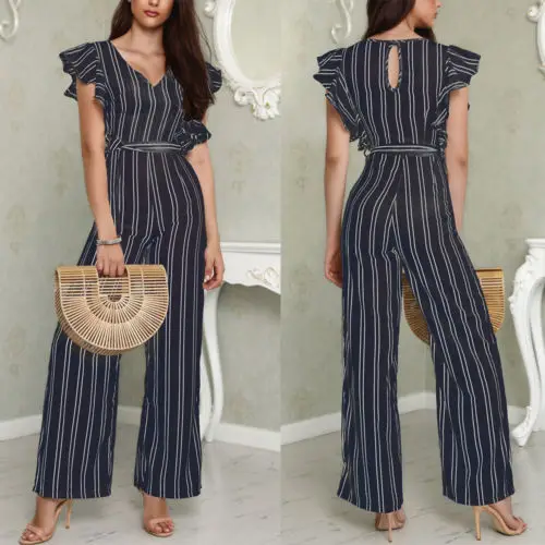 New Women Striped Jumpsuit Summer Lady Fashion Casual Sleeveless High Waist Clubwear Playsuit Bodysuit Party Romper Long Trouser | Женская