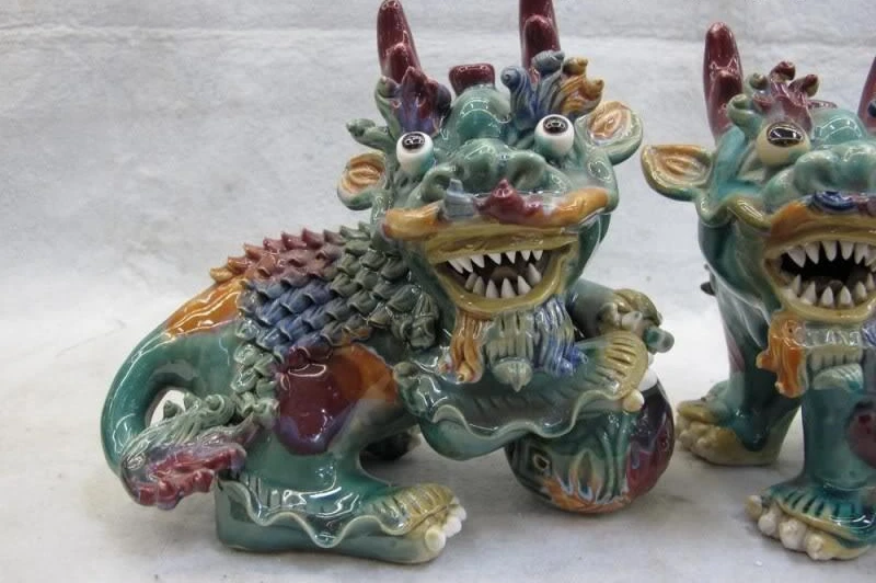 8 Китайская керамика фарфор WuCai фэн шуй злой Кирин кьлин Фо Собака Лев Пара | Дом и