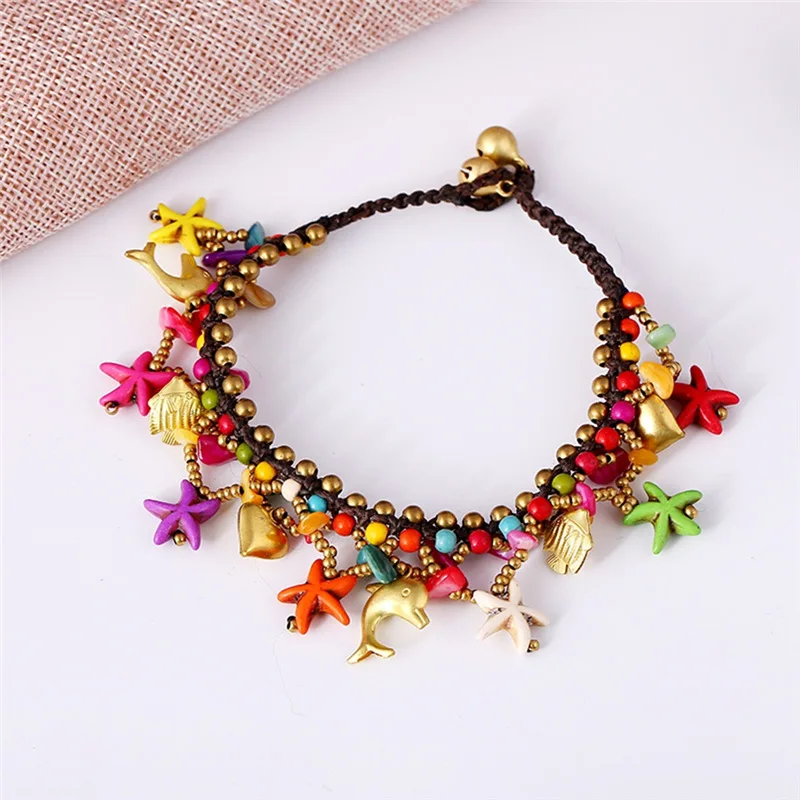Pinksee милые богемные Бусины Ножные браслеты для Для женщин Sea Star колокола кулон ног