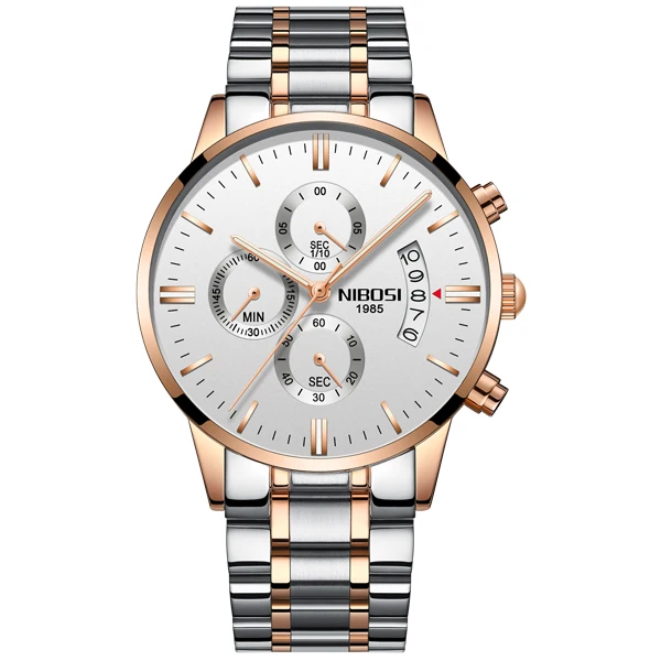 Rose Gold White S NIBOSI Relogio Masculino A Prova d'gua Grande часы мужские роскошные брендовые полностью Стальные кварцевые часы мужские кожаные часы с хронографом - Цвет: Rose Gold White S