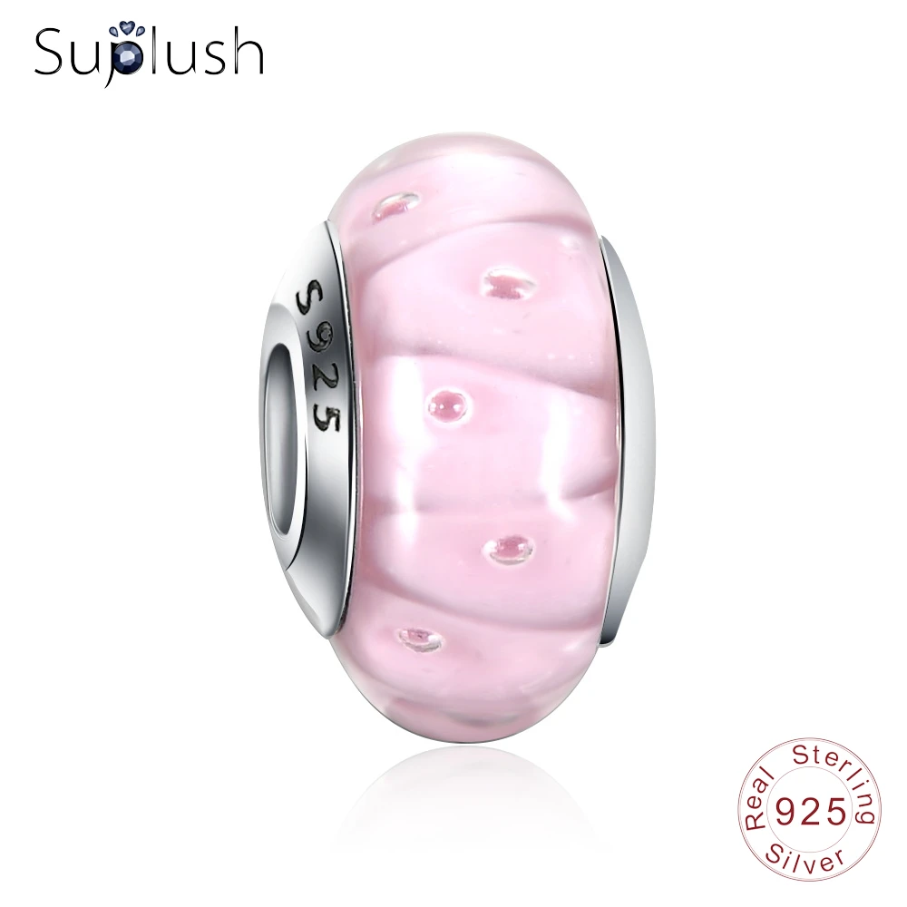 Suplush New Real 925 Sterling Silver Pink Effervescence Murano Glass Beads Fit Original Charm Bracelet Jewelry Gift PSGB0015 | Украшения и
