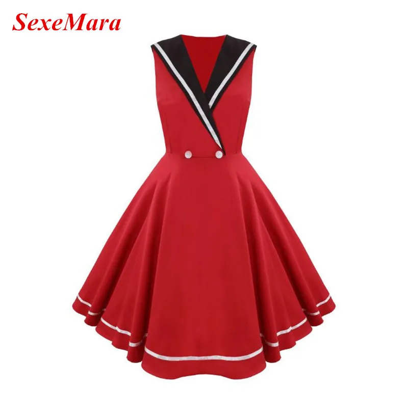 SexeMara New Christmas Year Red V Neck Vintage 50s Rockabilly Housewife Casual Full Circle Swing Dress Party Vestidos | Женская одежда