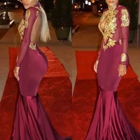 new burgundy black long sleeve unique prom dresses mermaid 2021 satin applique beaded high neck backless party gown