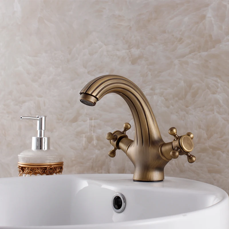 

kitchen faucet accessory Antique Brass Dual Cross Handles Basin Sink Faucet Deck Mount Bathroom Mixers Hot Cold Water