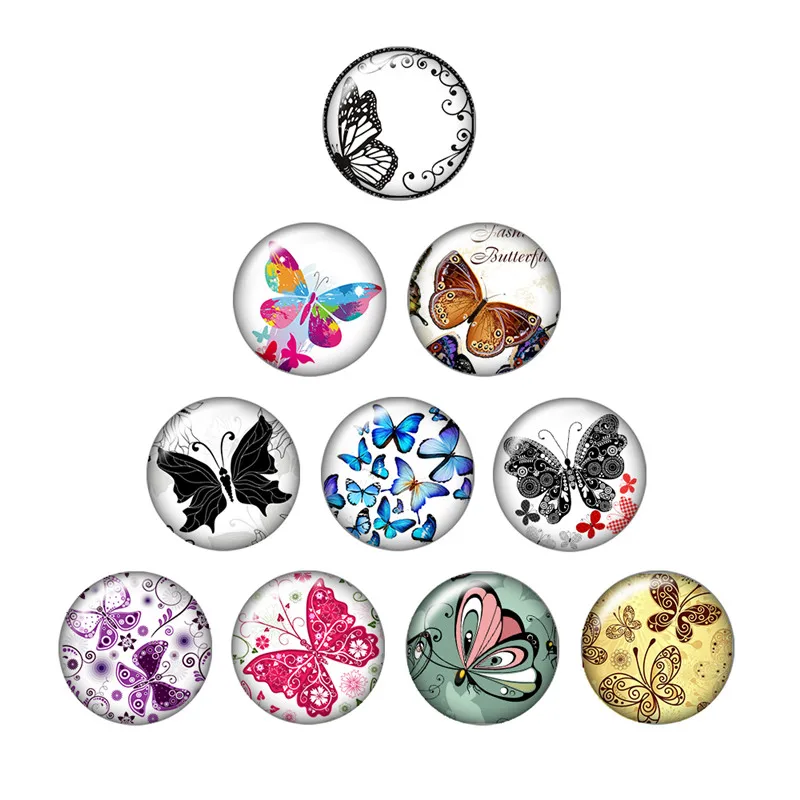 

Beauty Butterfly dragonfly 10pcs mixed 12mm/18mm Round photo glass cabochon snap buttons for snap jewelry wholesale