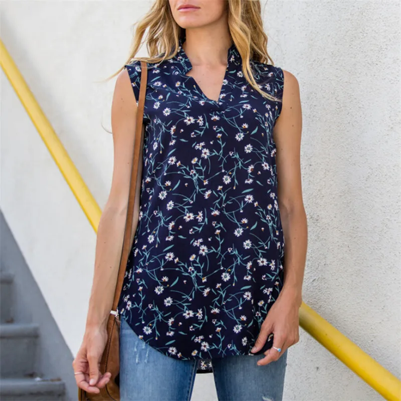 

hirigin Fashion Womens Lady Floral Printed Sleeveless Chiffon Blouse 2018 casual V Neck Tops Loose Casual blouses blouse women