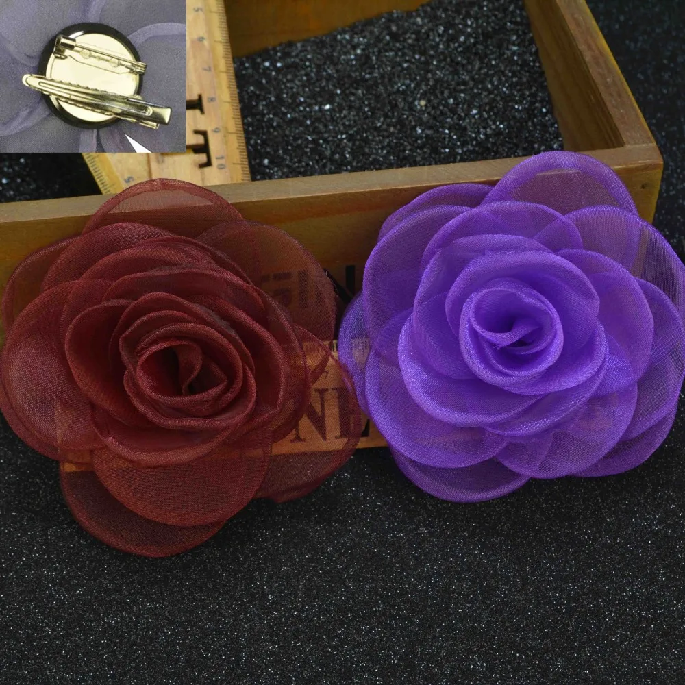 

20 pcs/lot , Sheer Organza Rose Flower Brooch, Wedding Hairpiece Corsage, Flower Clip