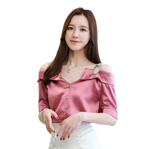 

Korean New Casual 2019 Blusas Single Breasted Slash Neck Off Shoulder Shirt Women Strapless Fashion Brief Camisa Feminina