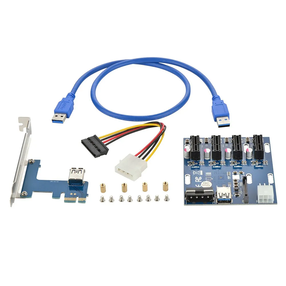 

Zeadow PCI-E Expansion Kit 1 To 4 Ports Switch Multiplier Hub Riser Card PCI-E 1X Express With USB 3.0 Cable & SATA Power Cable