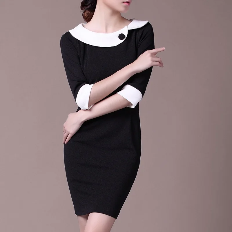 Женское Деловое платье TA876 черное офисное с белым воротником