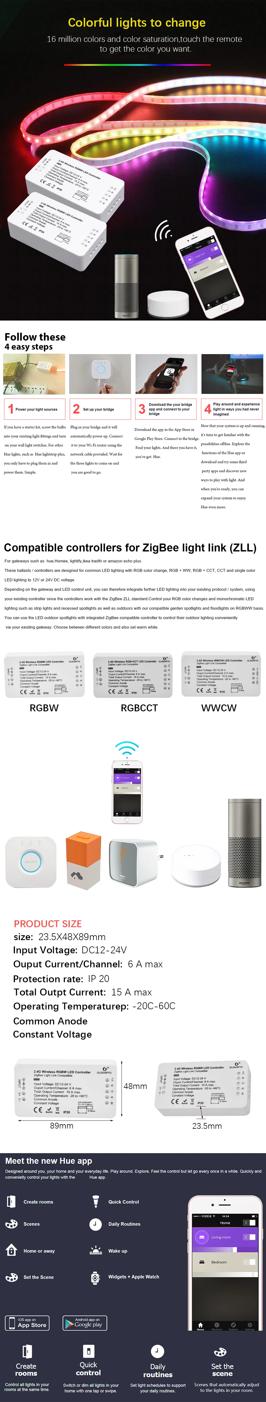 Светодиодный ZIGBEE светодиодный полосы rgb cct контроллер 12V 24V lightify tradfri Совместимость светодиодный RGB CCT zll управления через приложение