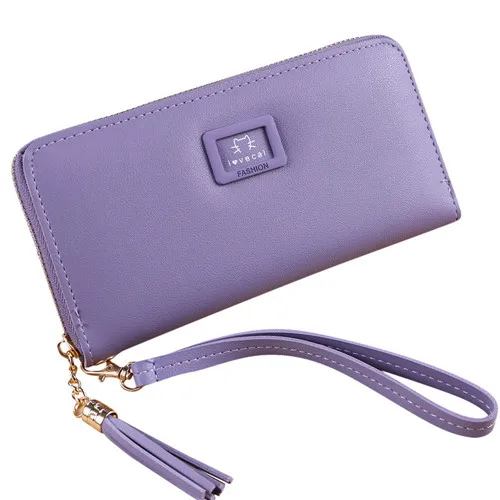 Purple Длинный женский кошелек, простой ретро однотонный кошелек для мелочи из искусственной кожи с отделением для карт, модная сумочка на молнии, портативный клатч - Цвет: Purple