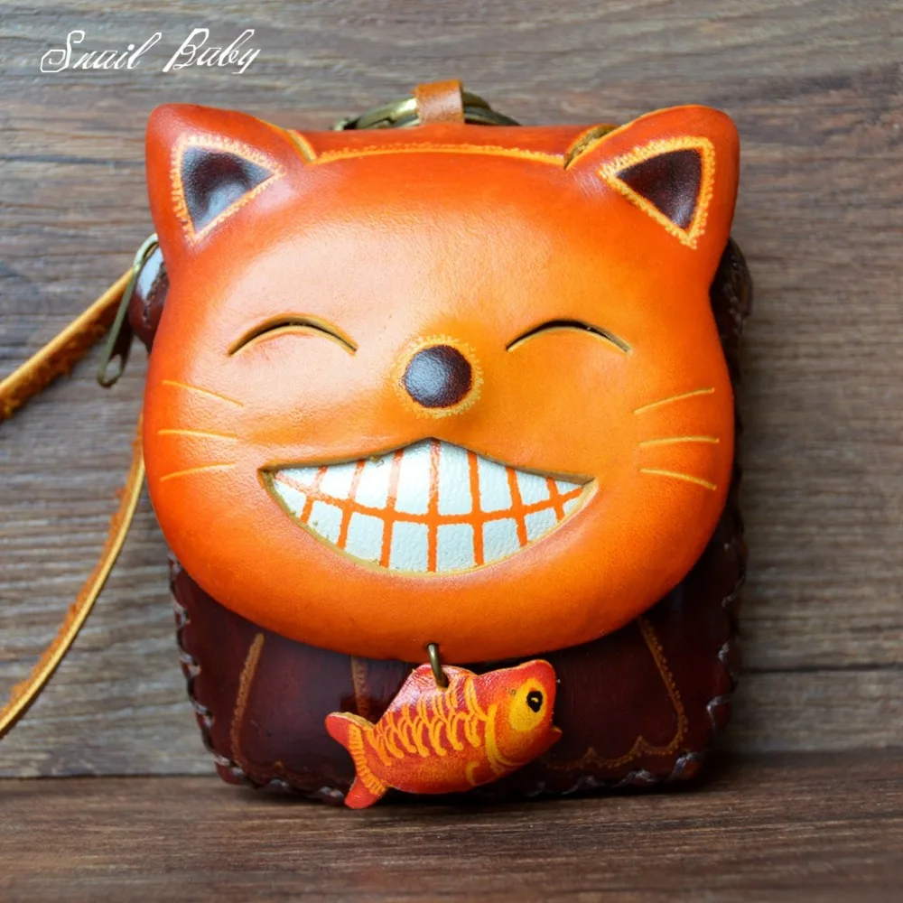Кошелек из натуральной кожи для монет, кошелек с кошкой из мультфильма, мини кошелек ручной работы из воловьей кожи