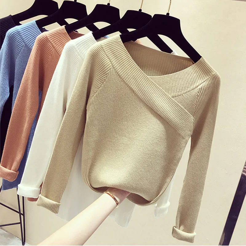 Autumn Winter Sweater Women Sexy V Neck Off Shoulder Long Sleeve Jumper Cashmere Solid Pullover Knitted 2018 | Женская одежда
